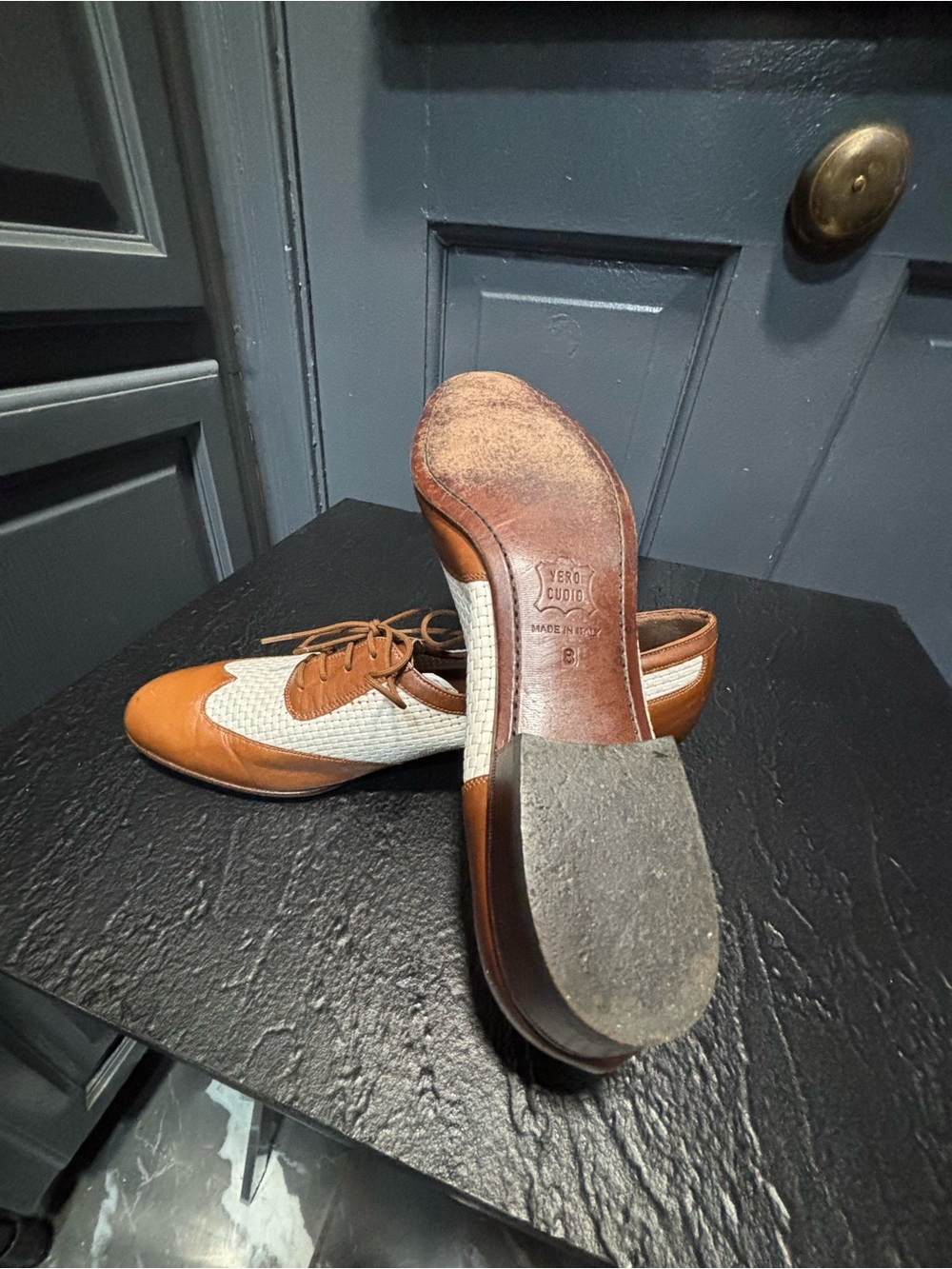 Salvatore Ferragamo Tan and Cream Leather Lace-Up Flats - Picture 5 of 9